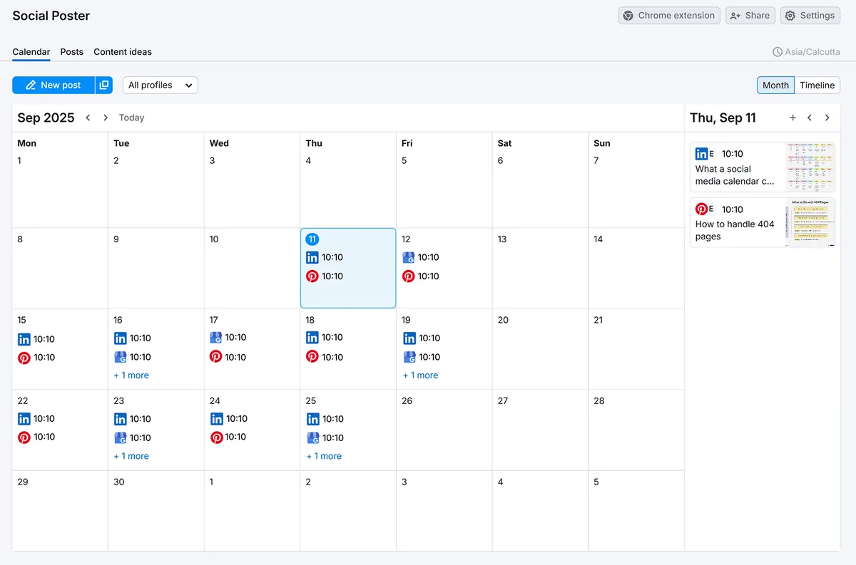 Semrush Social Poster 日历视图,显示已排期的 Google Business、LinkedIn 和 Pinterest 帖子。