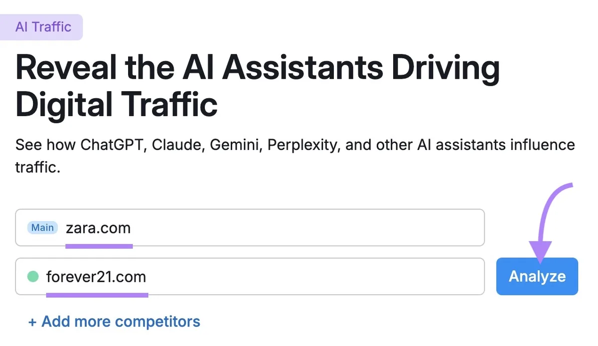 AI 流量工具起始界面,已输入两个竞争域名并点击“Analyze”。