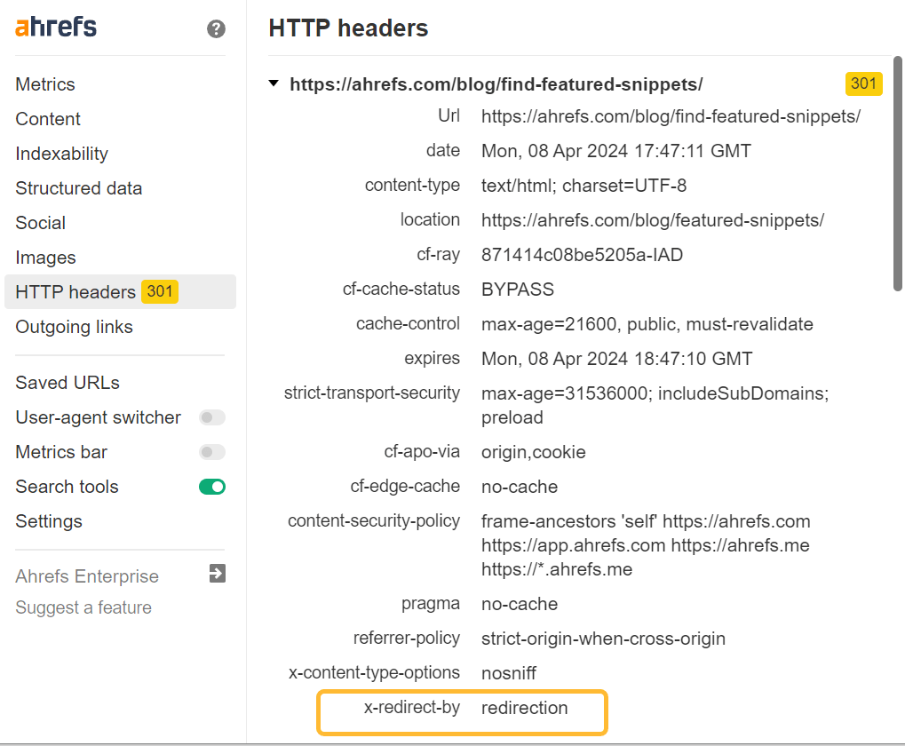 使用 Ahrefs Toolbar 在 HTTP 标头中查找重定向触发位置的线索