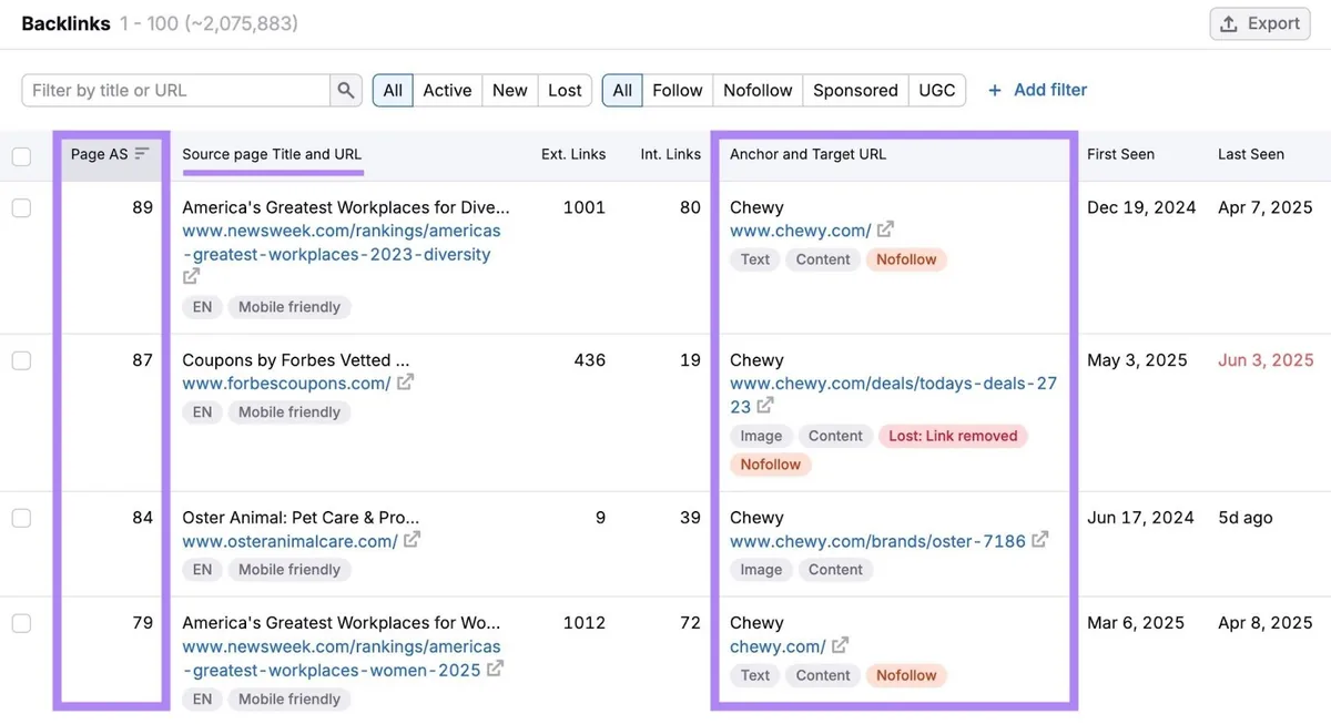 “Backlinks”报告中突出显示页面权威分数、来源页面标题和 URL、锚文本和目标 URL 列。