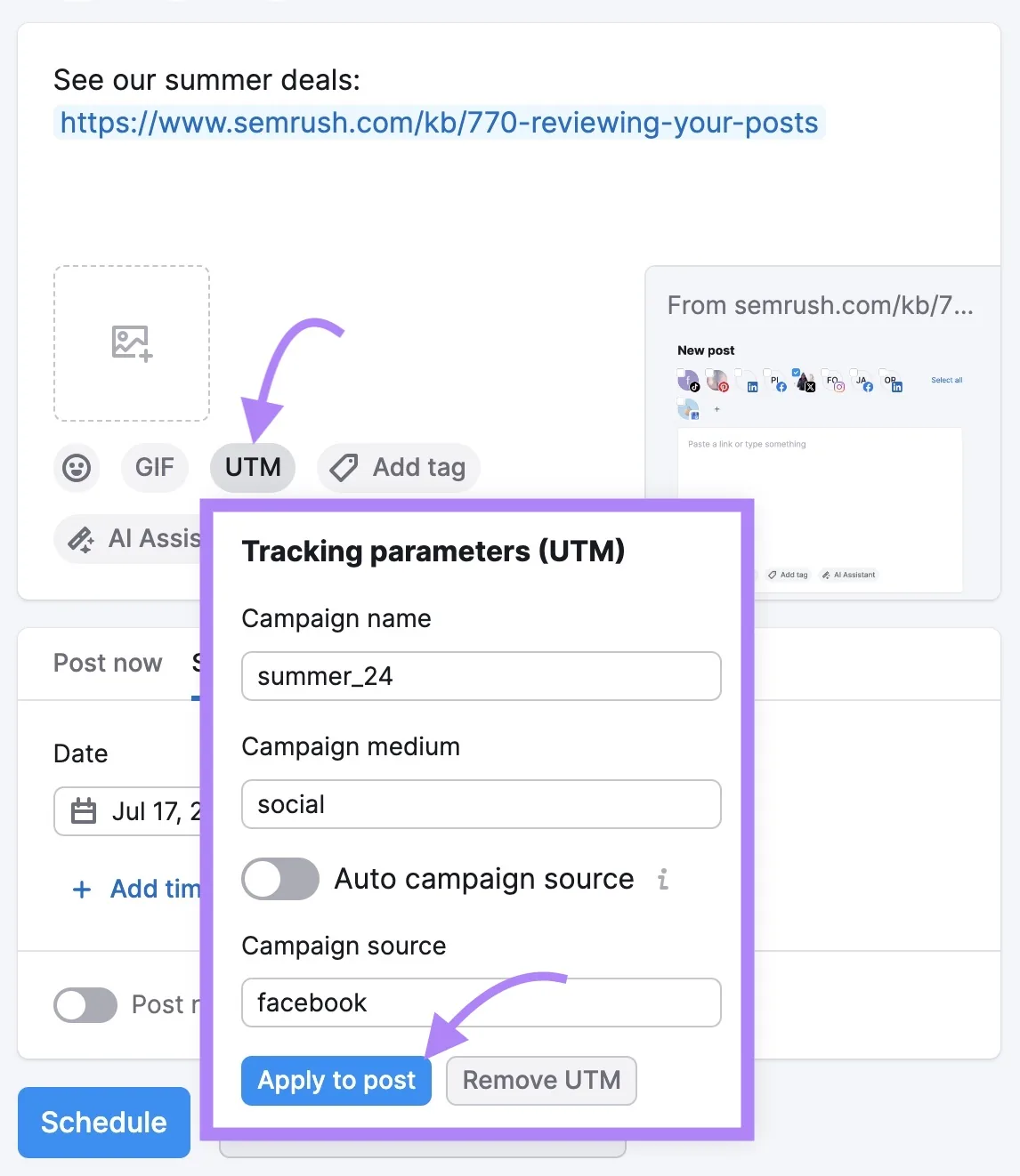 Semrush Social Poster 中的 UTM 参数设置