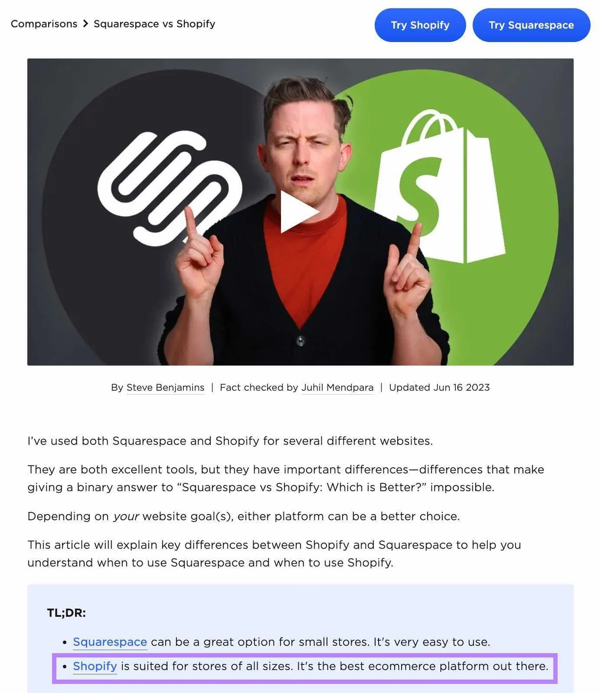 Steve Benjamins 的 Squarespace 与 Shopify 对比
