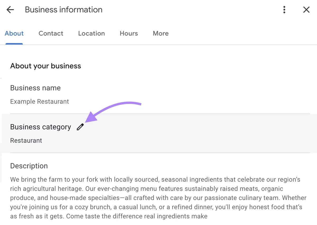 GBP 上的“Business information”窗口,带有更新商家名称、地址、营业时间、类别等选项。