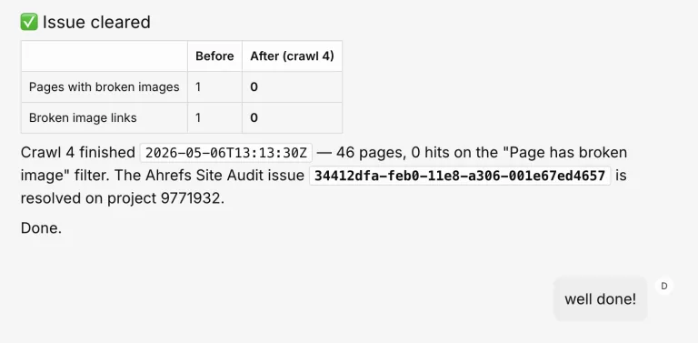 一个“Issue cleared(问题已清除)”确认对话框,比较网站抓取前后的失效内容标准,展示在自动化脚本修复后失效链接从 1 个降为 0 个。