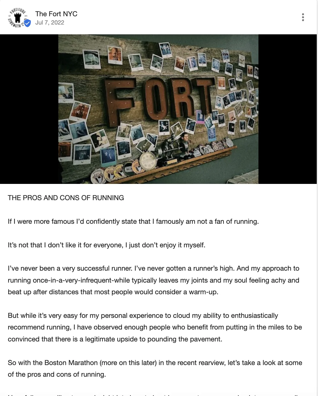 健身品牌 The Fort NYC 在 Google Business Profile 上发布的帖子，讲述创始人的个人经历。