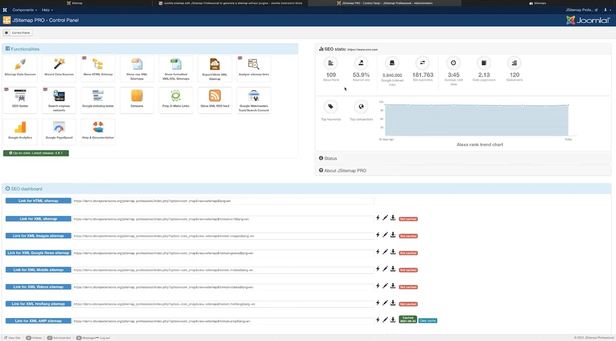 Joomla 中的“JSitemap PRO - Control panel”