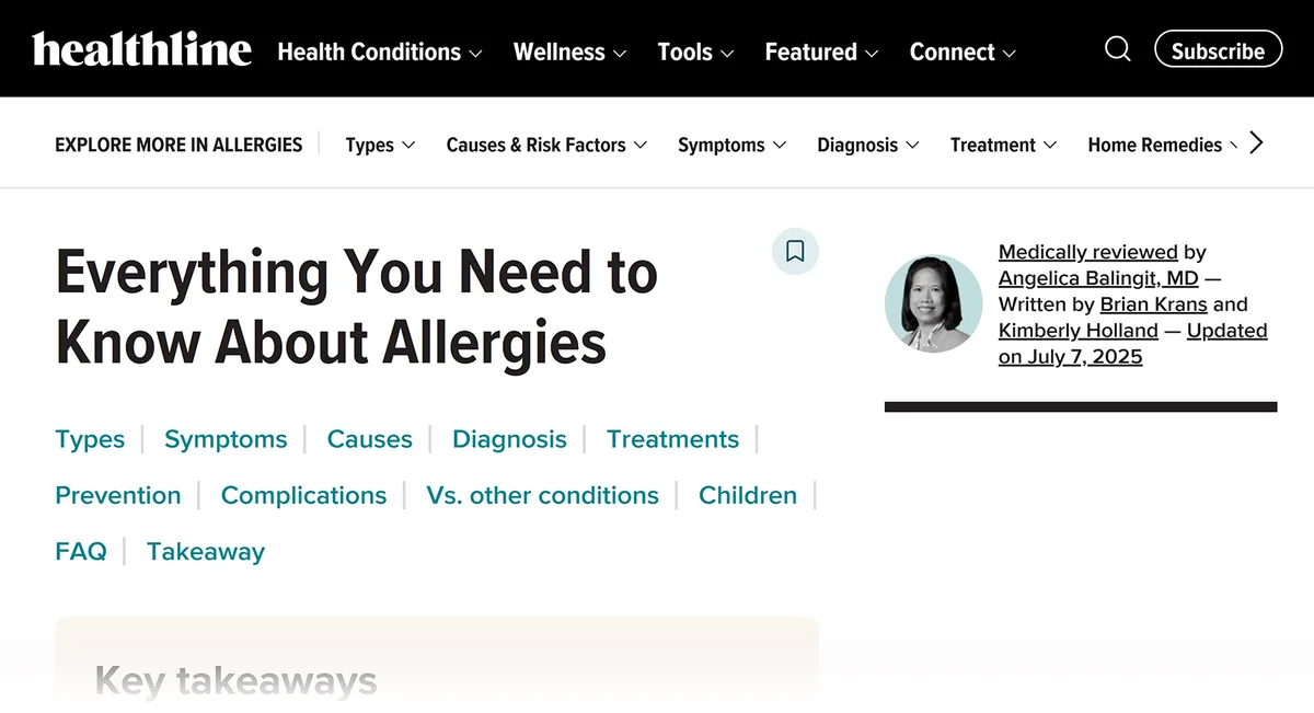 Healthline 关于过敏的支柱页面,包含指向类型、症状、病因、诊断、治疗等部分的链接