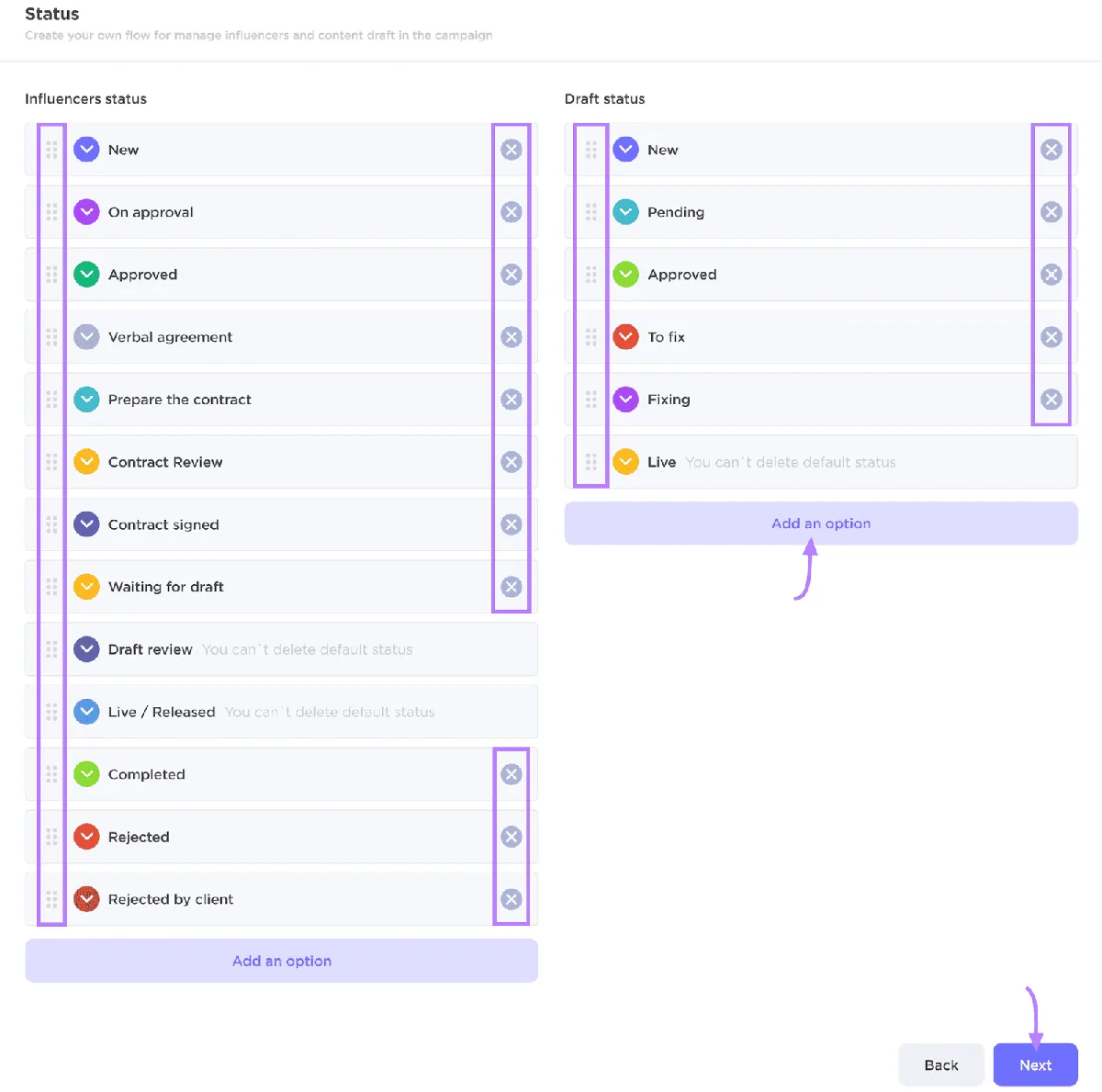 Influencer Analytics 界面，用于管理营销活动中达人和草稿的状态，并可见“Next”按钮。