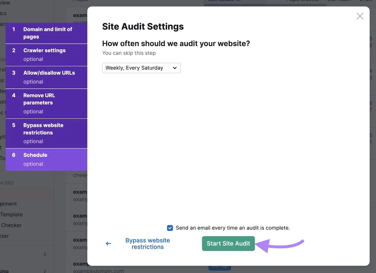 Site Audit 上的调度设置页面,已点击“Start Site Audit”按钮。