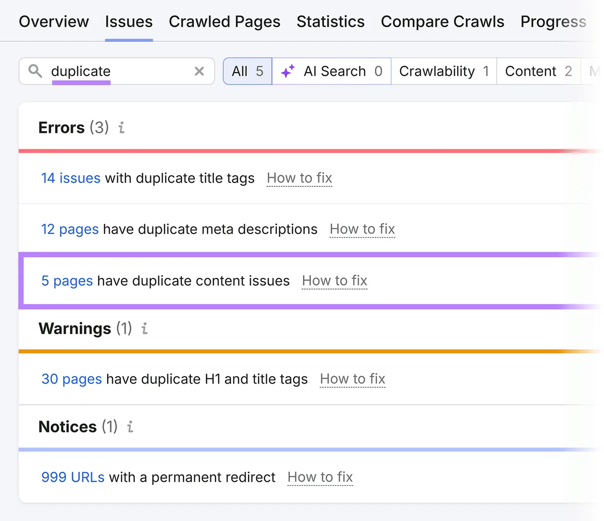 Semrush Site Audit 问题已筛选出重复内容问题