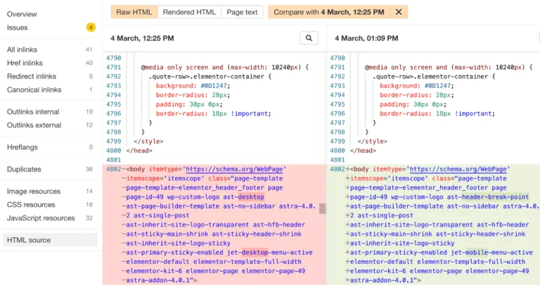 通过 Ahrefs 的 Site Audit 抓取比较对比 HTML 源代码