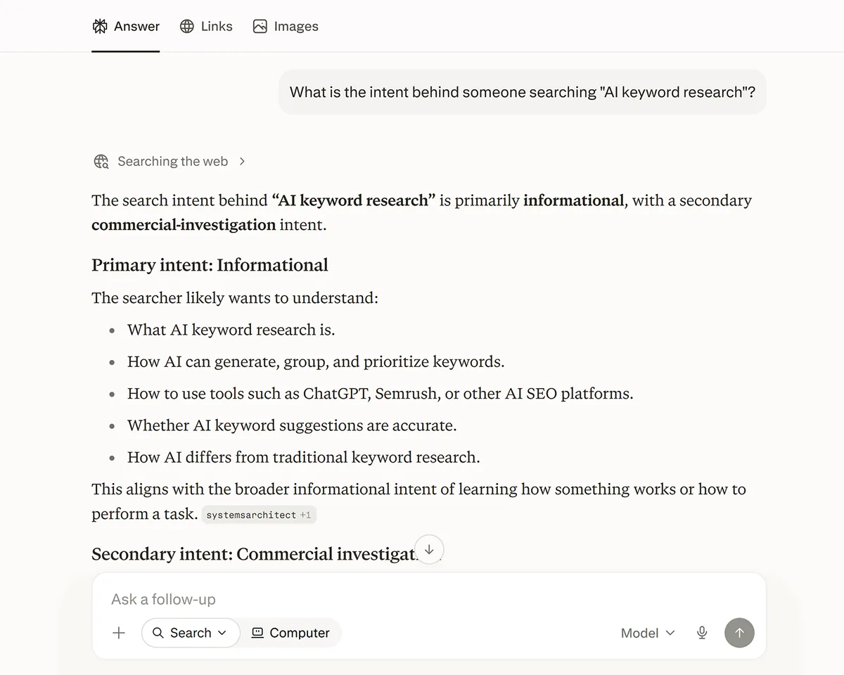 Perplexity 将 AI 关键词研究意图描述为主要为信息型、次要为商业型