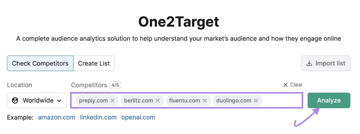 One2Target 搜索界面,列出 preply.com、berlitz.com、fluentu.com 和 duolingo.com 作为竞争对手