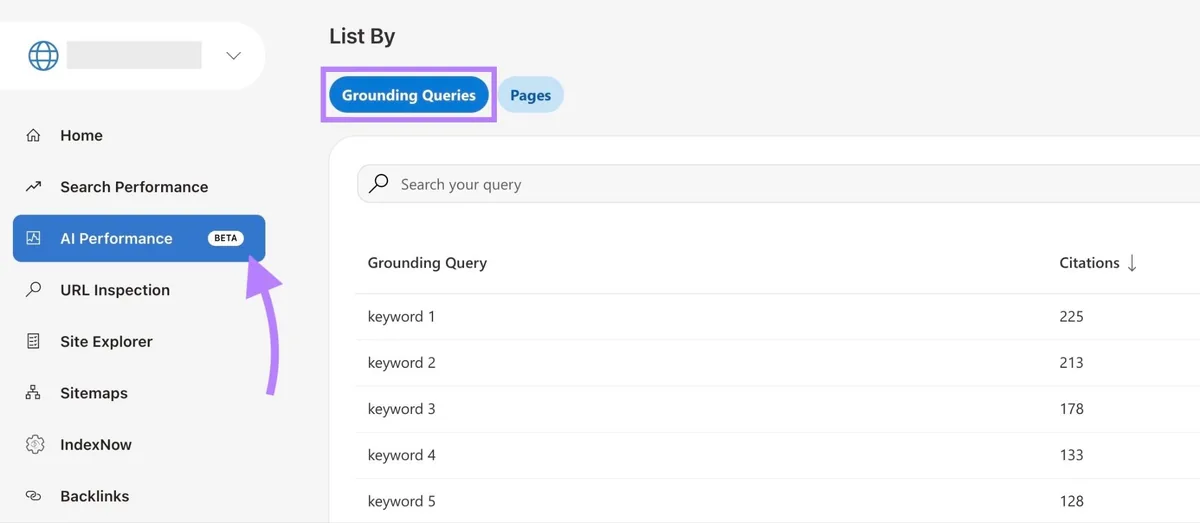 Bing Webmaster Tools 上的 AI Performance 报告，已选择“Grounding Queries”，显示关键词列表。