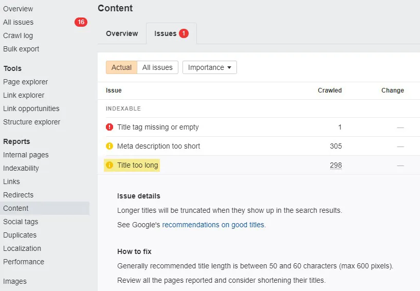 Ahrefs Site Audit 中高亮的标题标签改写