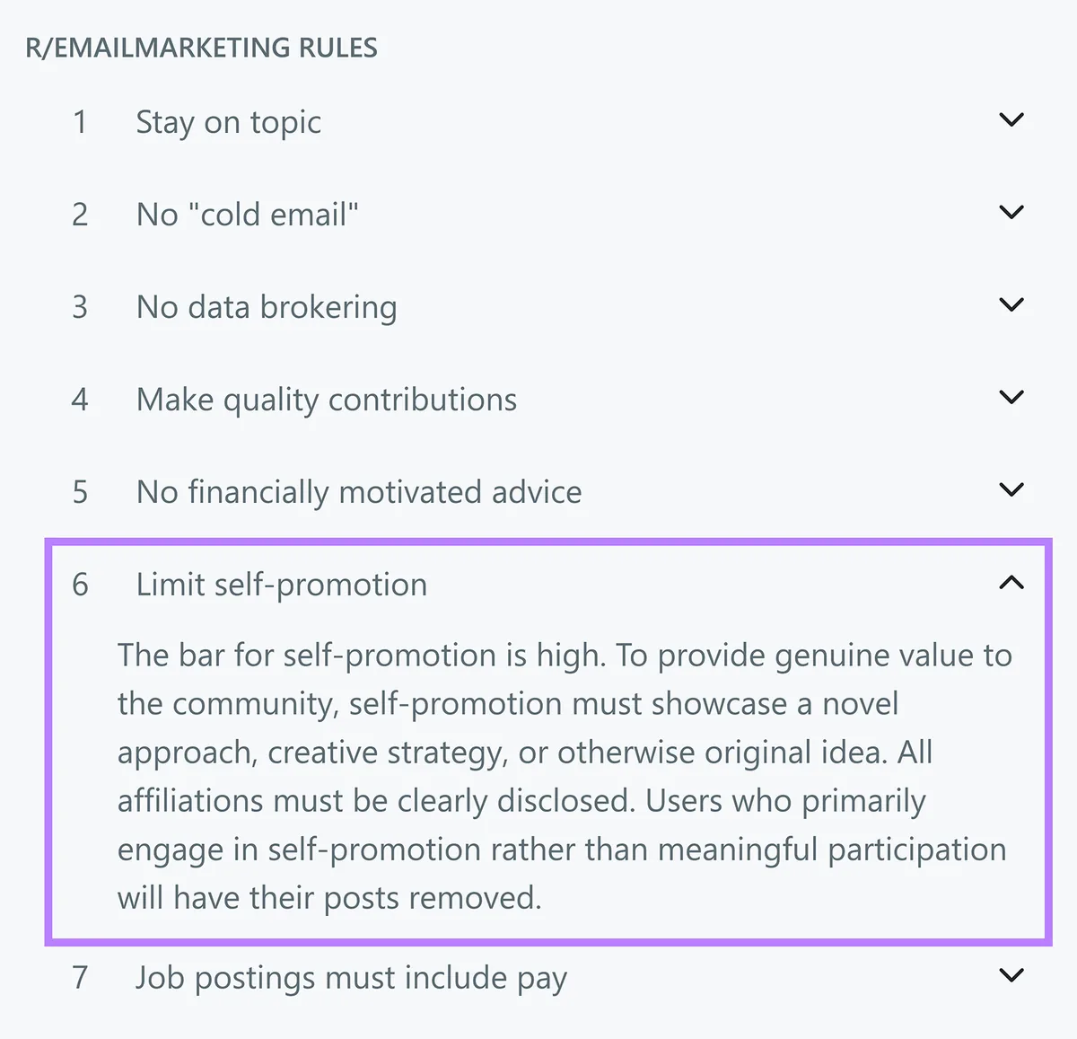 r/emailmarketing subreddit 中高亮显示的规则,限制自我推广。
