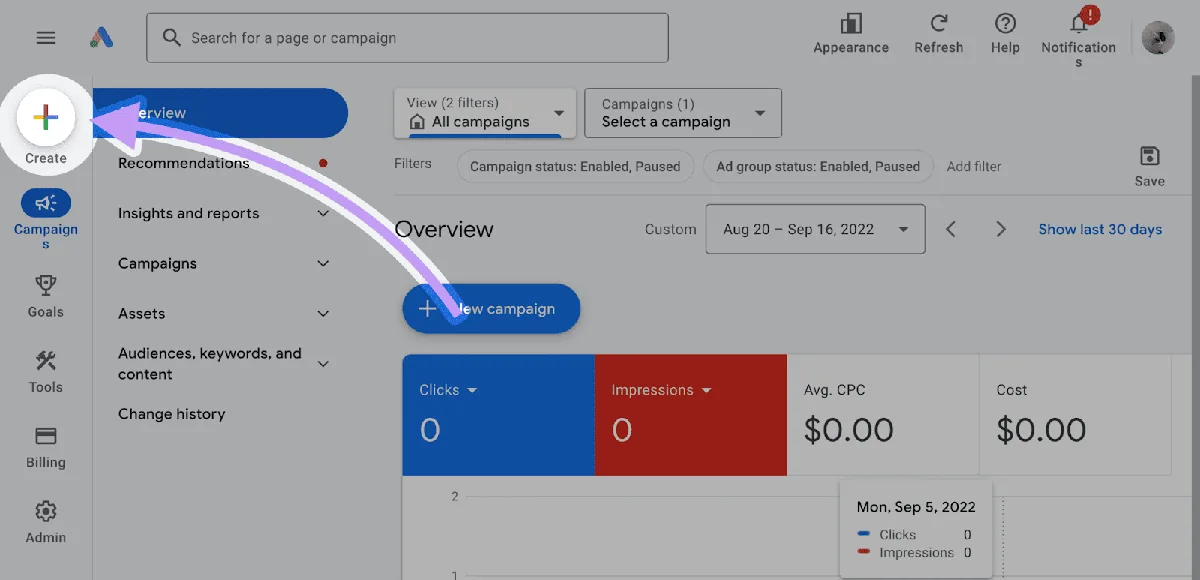 Google Ads 中的“Create”按钮