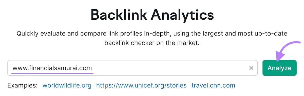 Backlinks 工具，文本字段中输入“www.financialsamurai.com”，“Analyze”按钮高亮