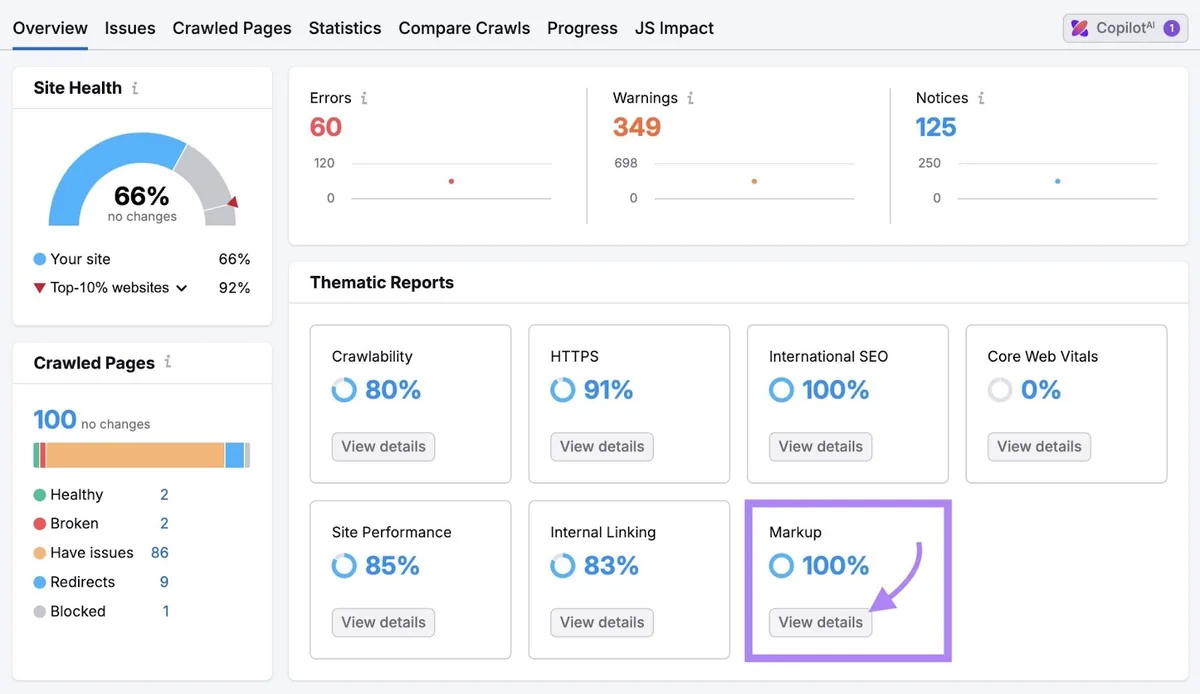 Site Audit 报告中点击 Markup 下的 View details
