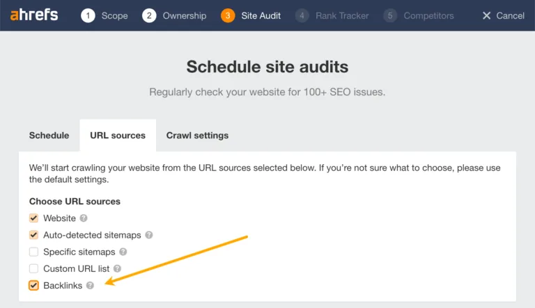 在 Ahrefs Site Audit 中开启将反向链接作为 URL 来源