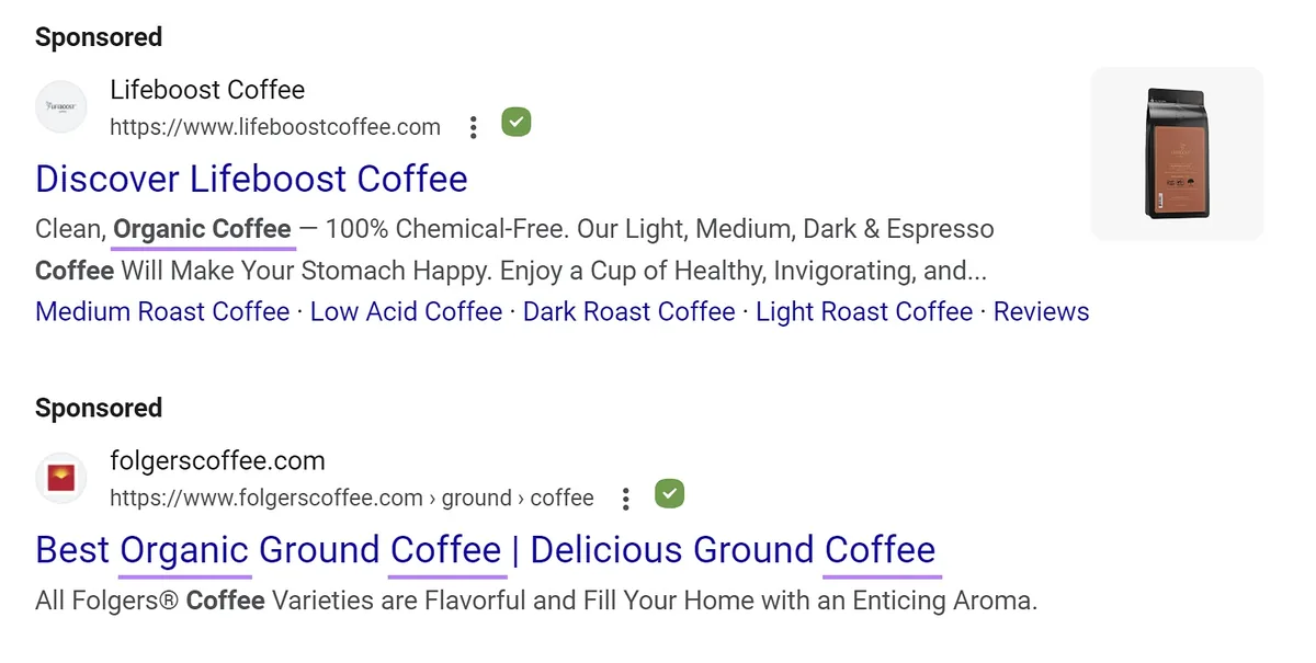 “organic coffee”查询显示的 Google 广告