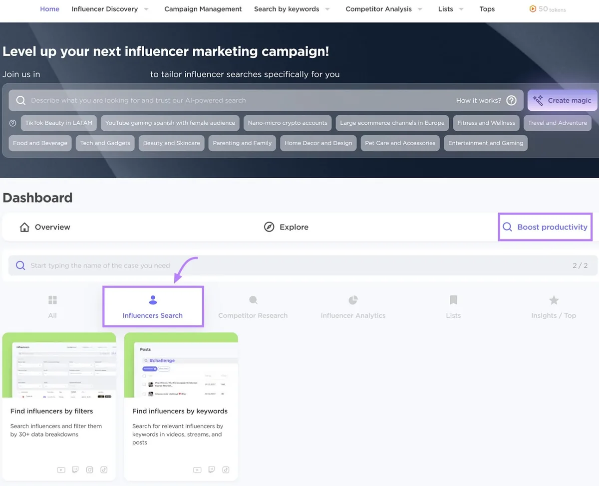 Influencer Analytics 应用仪表板，包含导航、搜索功能和高亮显示的达人搜索选项。