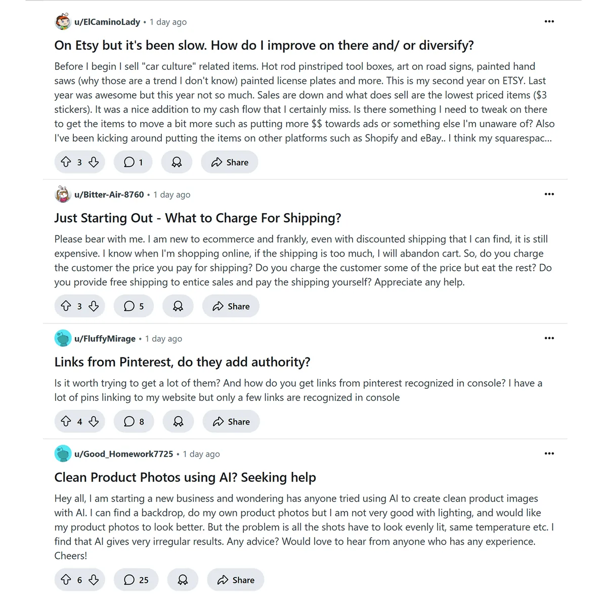 Reddit 信息流中的帖子,询问 Etsy 销售、运费、Pinterest 链接和 AI 产品照片。