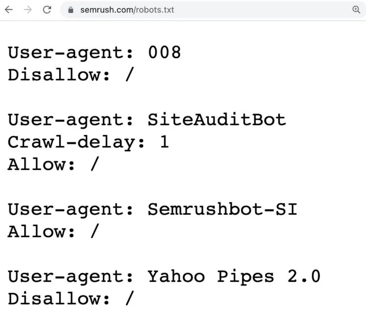 robots.txt 文件示例,显示网站中应抓取和不应抓取的页面或部分。