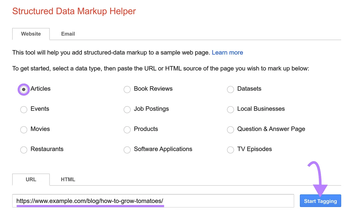 Google Structured Data Markup Helper,已选择 Articles,一个示例博客 URL 已准备好进行标记