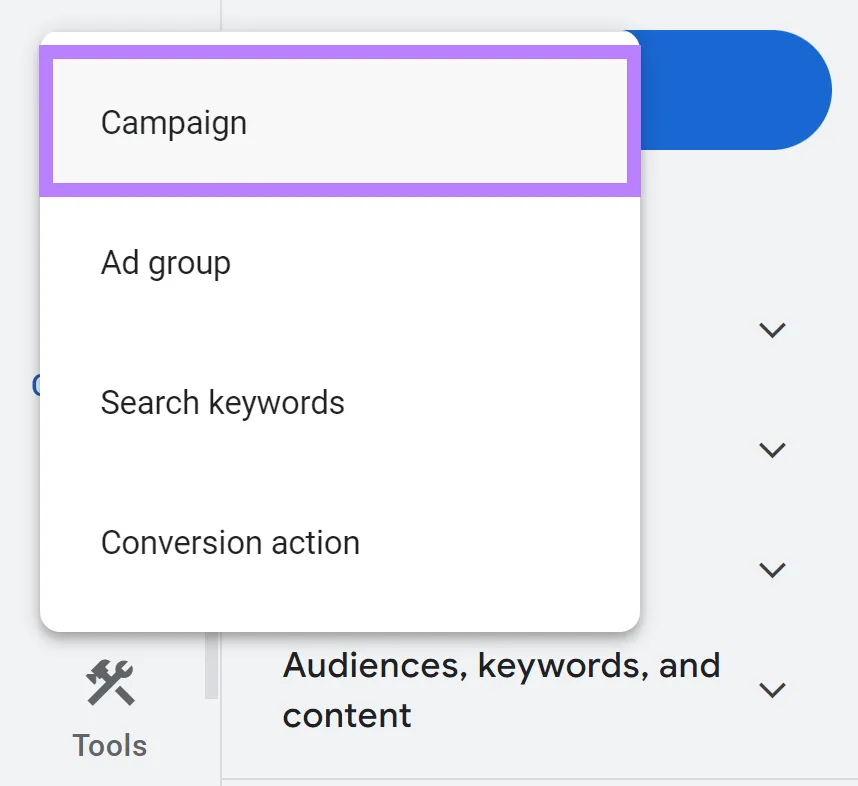 从下拉菜单中选中的“Campaign”选项