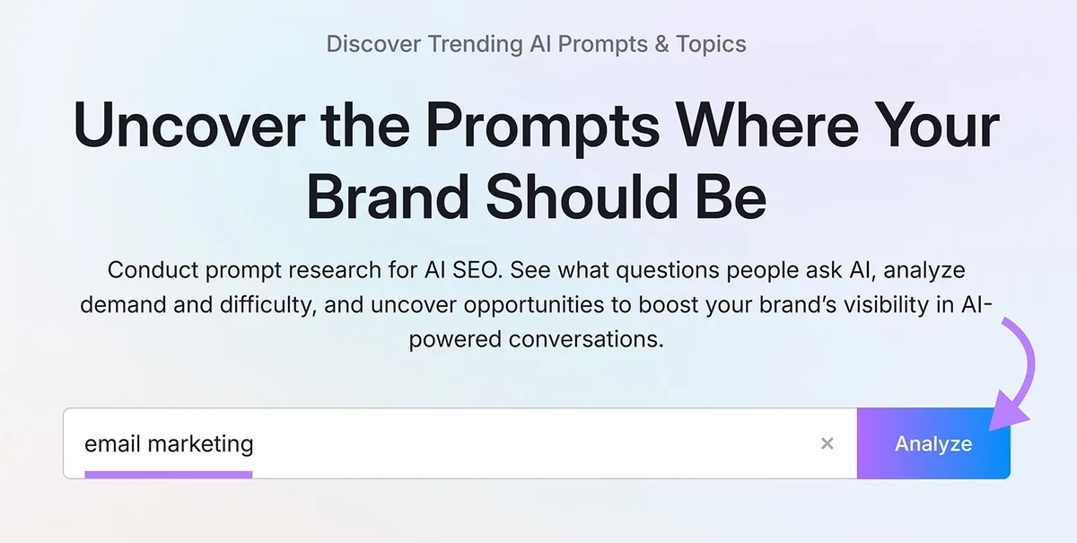 Prompt research 工具,搜索栏显示“email marketing”,突出显示 Analyze 按钮。