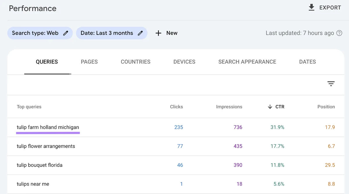 Google Search Console 的热门查询显示“tulip farm holland michigan”