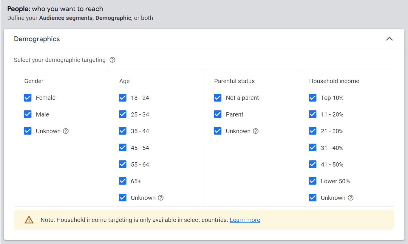 Google Ads 广告系列的受众人口统计选项
