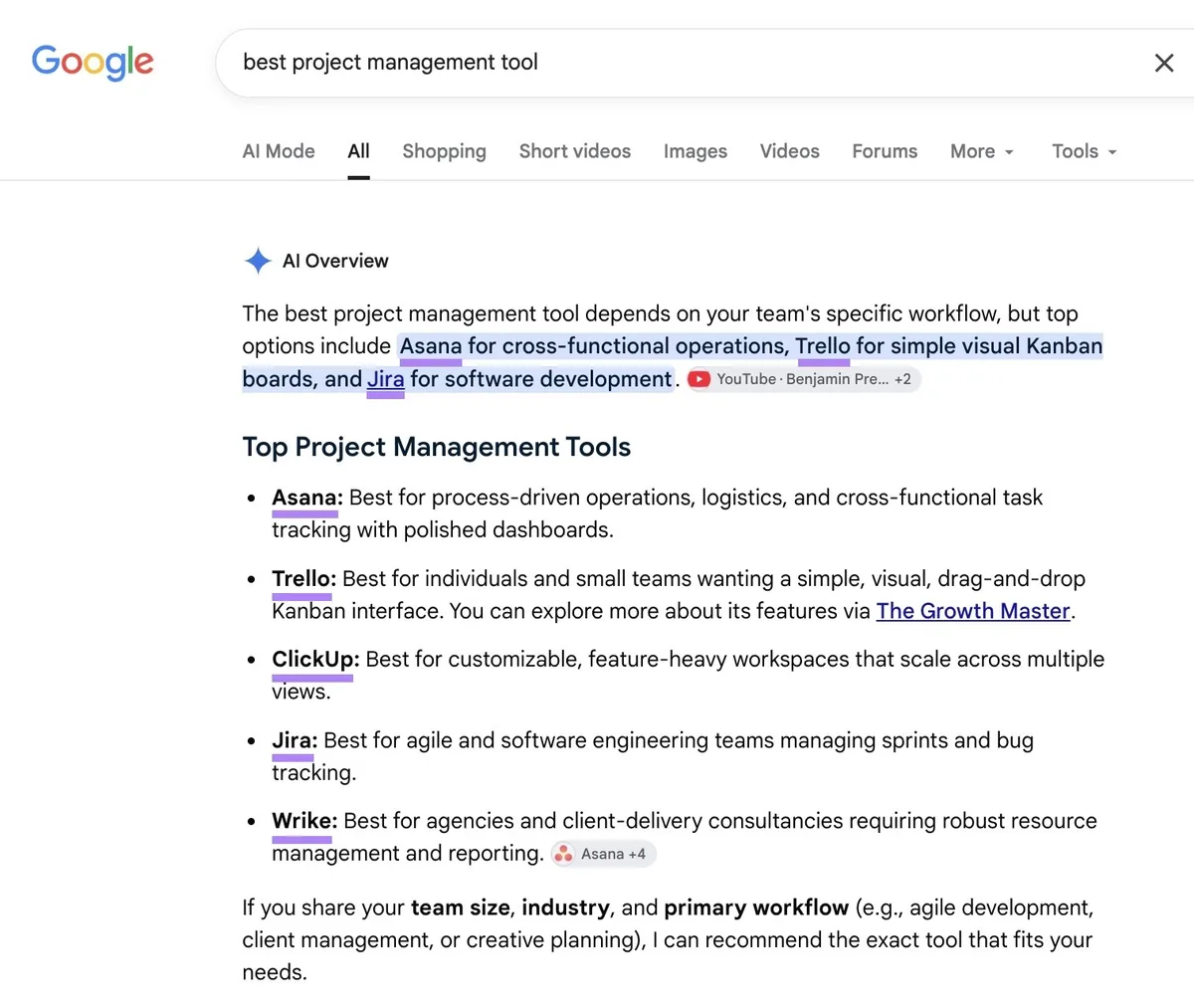 词条“best project management tool”的 Google 搜索结果页面，AI 概览中的品牌提及已高亮显示。