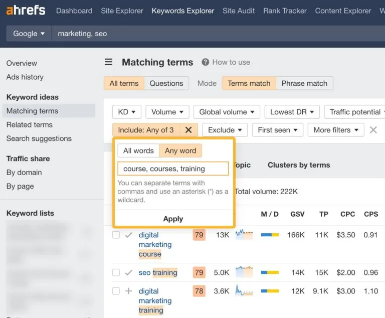 在 Keywords Explorer 中查找课程相关关键词