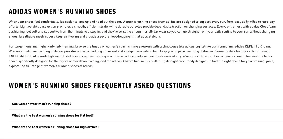 Adidas 页面上针对关键词“women's running shoes”的一部分。