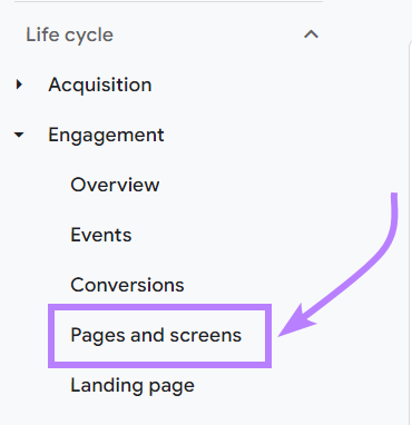 在 GA 菜单中导航到 Pages and screens
