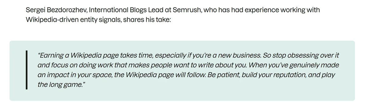 Semrush 文章中的专家引言板块,强调长期品牌声誉优于追逐维基百科页面