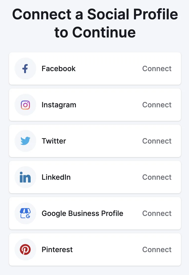 Social Poster 中的“Connect a social profile to continue”页面