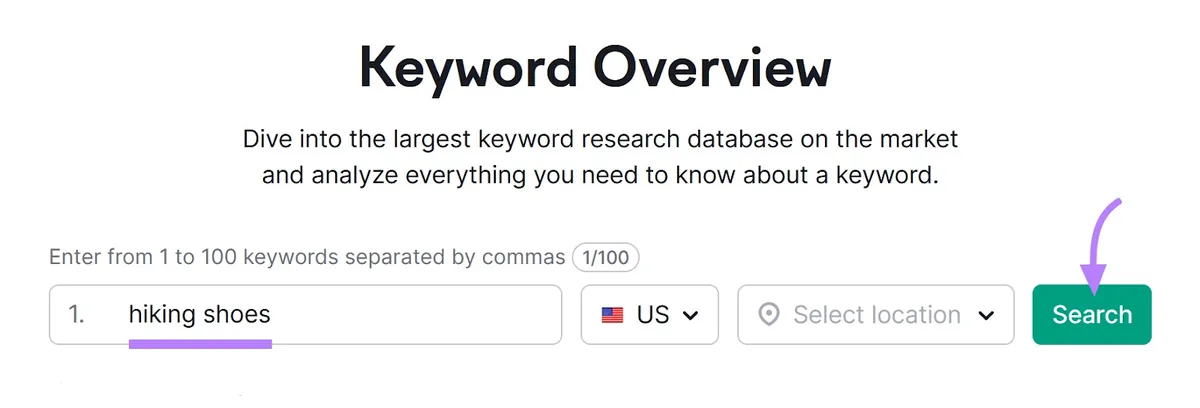 Keyword Overview 工具中“hiking shoes”的搜索