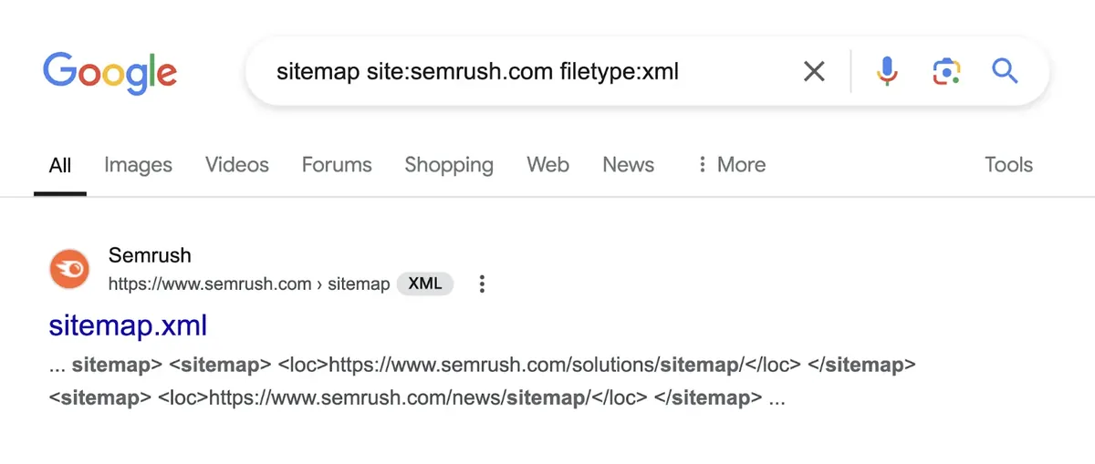 Semrush 域名上 sitemap xml filetype 的 Google 搜索结果