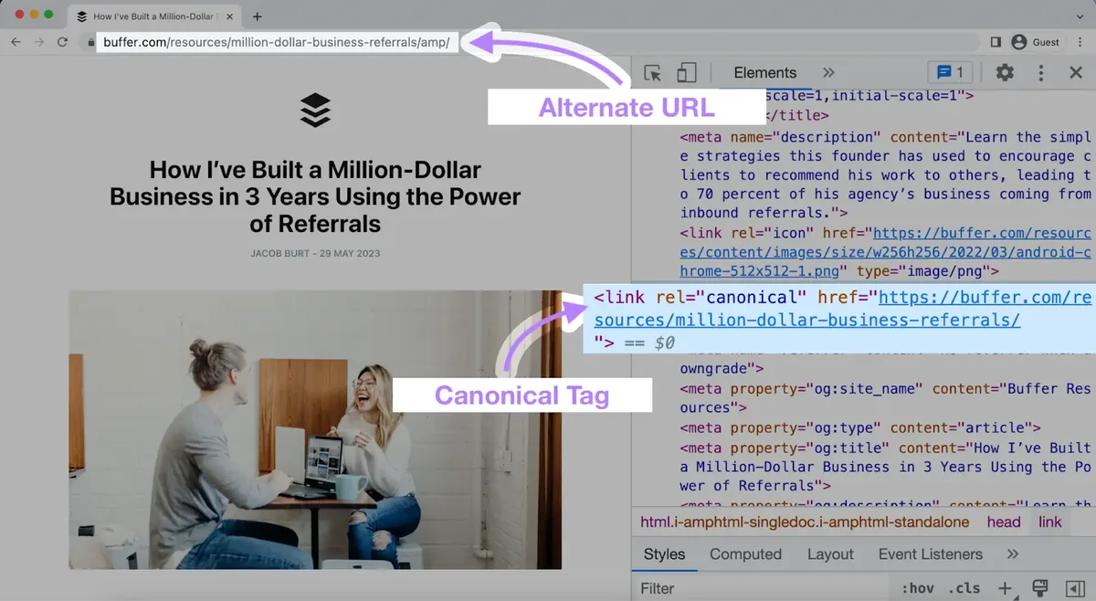 分屏显示一篇文章及其 HTML 代码，用箭头高亮显示“备用 URL”和“规范标签”