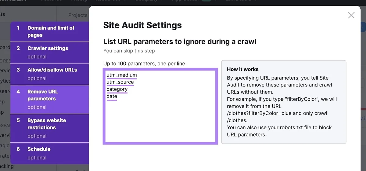 Site Audit 设置上的“Remove URL parameters”，输入框中输入了一系列参数