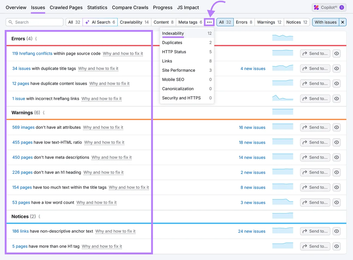 Semrush Site Audit 的 Issues 报告按可索引性筛选,列出重复标题、hreflang 冲突和内容问题。