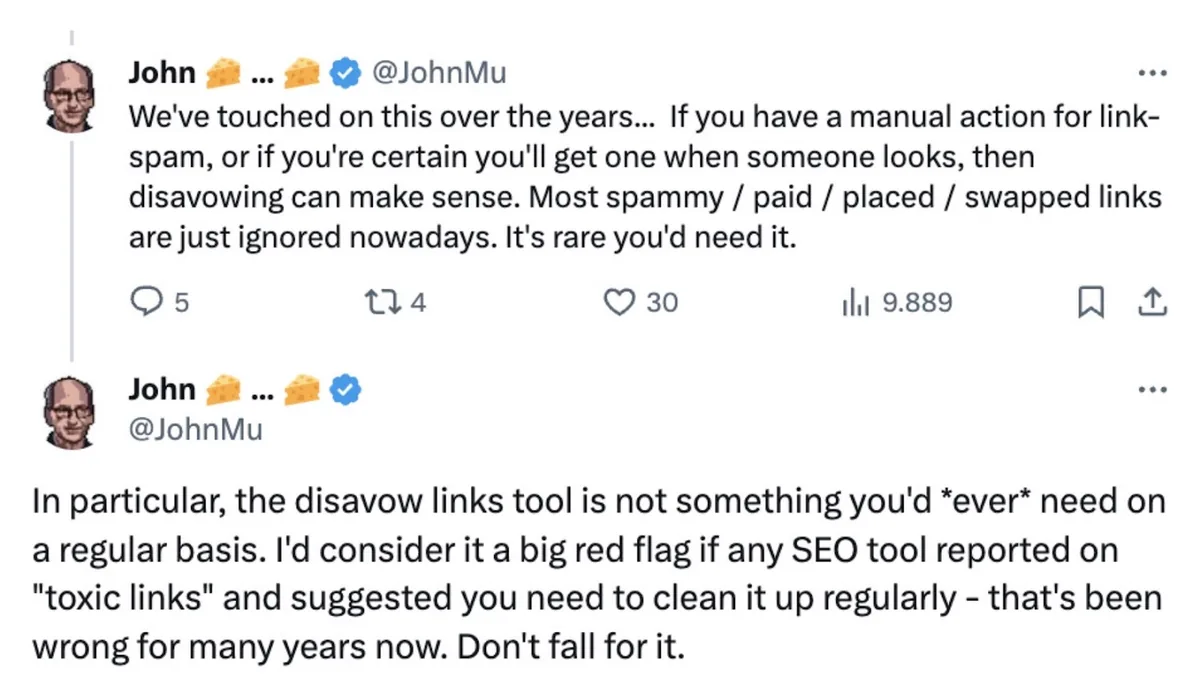 John Mu 在 X 上的帖子,谈论拒绝链接(disavow)并不是需要经常做的事情。