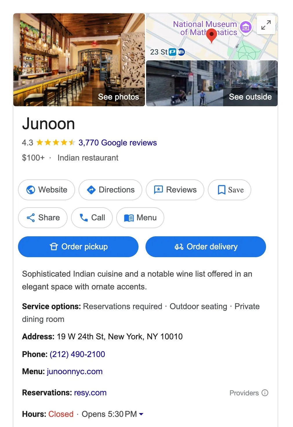 一个 Google Business Profile 商家信息,包含其服务选项、地址、电话号码、网站链接、菜单等信息。