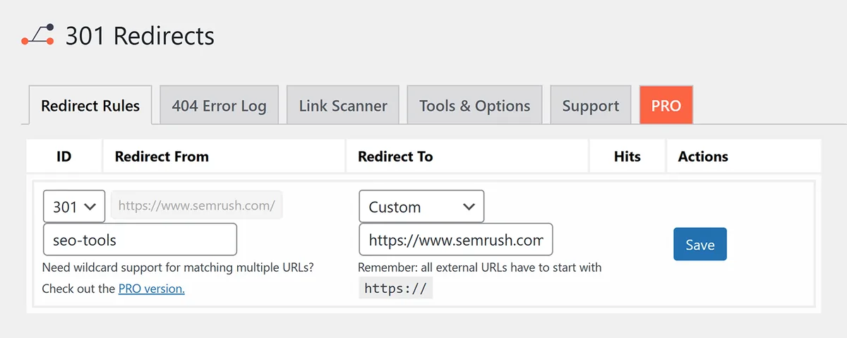 301 重定向插件界面,已输入 URL 路径,并将自定义目标设置为 semrush.com 的 URL。