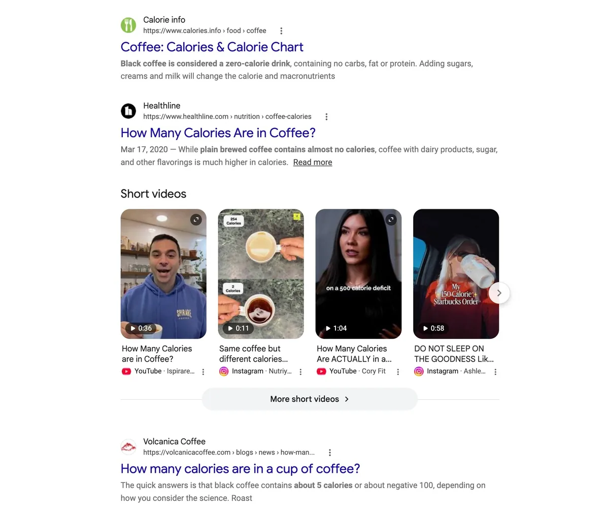 词条“coffee calories”的 Google 搜索结果页面,展示信息型搜索意图。