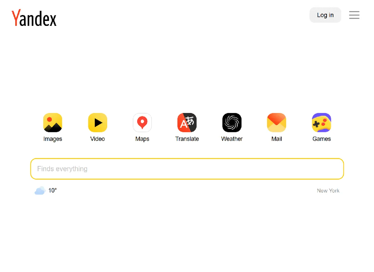 Yandex 首页,含黄色搜索栏以及图片、视频、地图、翻译、天气、邮件和游戏图标。