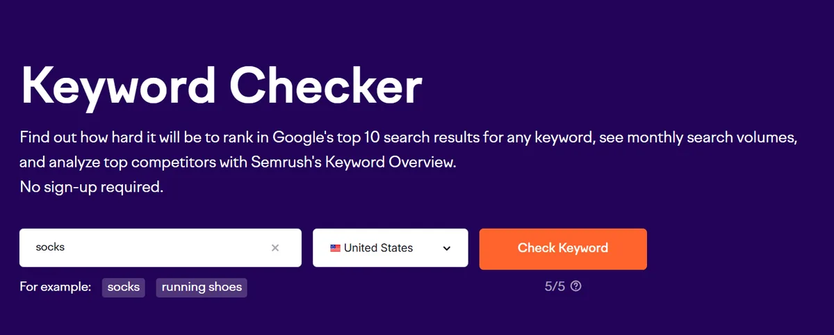 Semrush 免费 Keyword Overview 工具,已输入关键词。